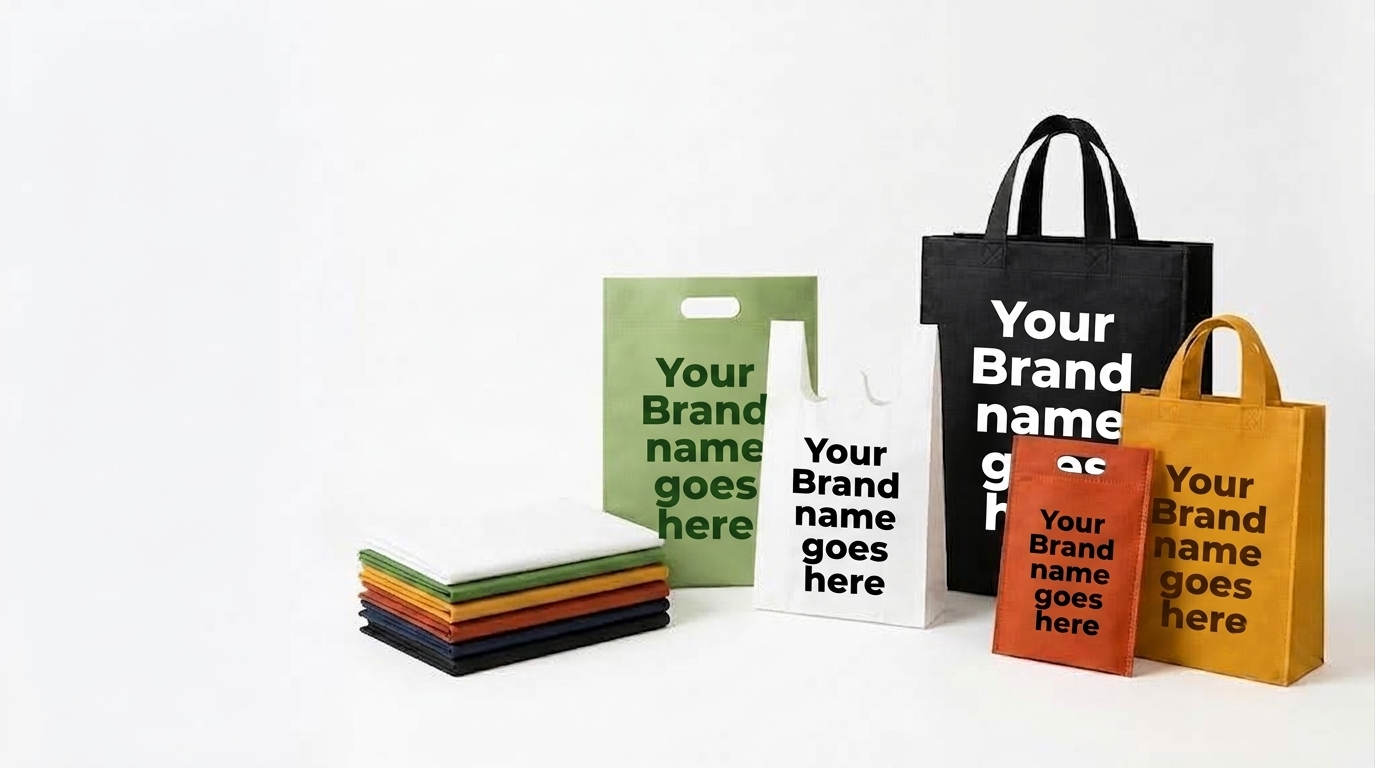 Custom printed non-woven carry bags with a printed logo held by a customer