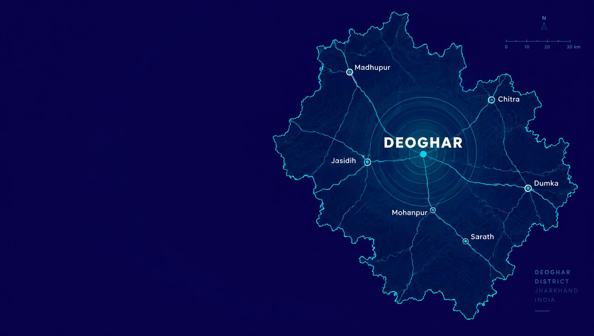 Map of Deoghar district marking Deoghar and nearby areas including Jasidih, Mohanpur, Madhupur and Sarath