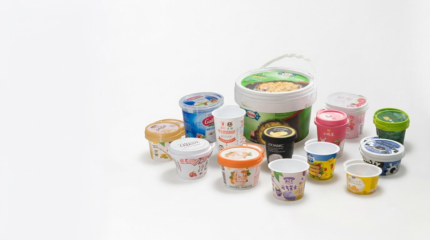 Branded food packaging set including containers, cups and a takeaway box with printed logos