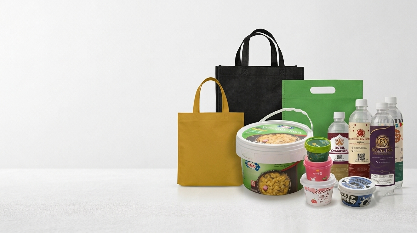 A branded water bottle, food box and carry bag together on a restaurant table