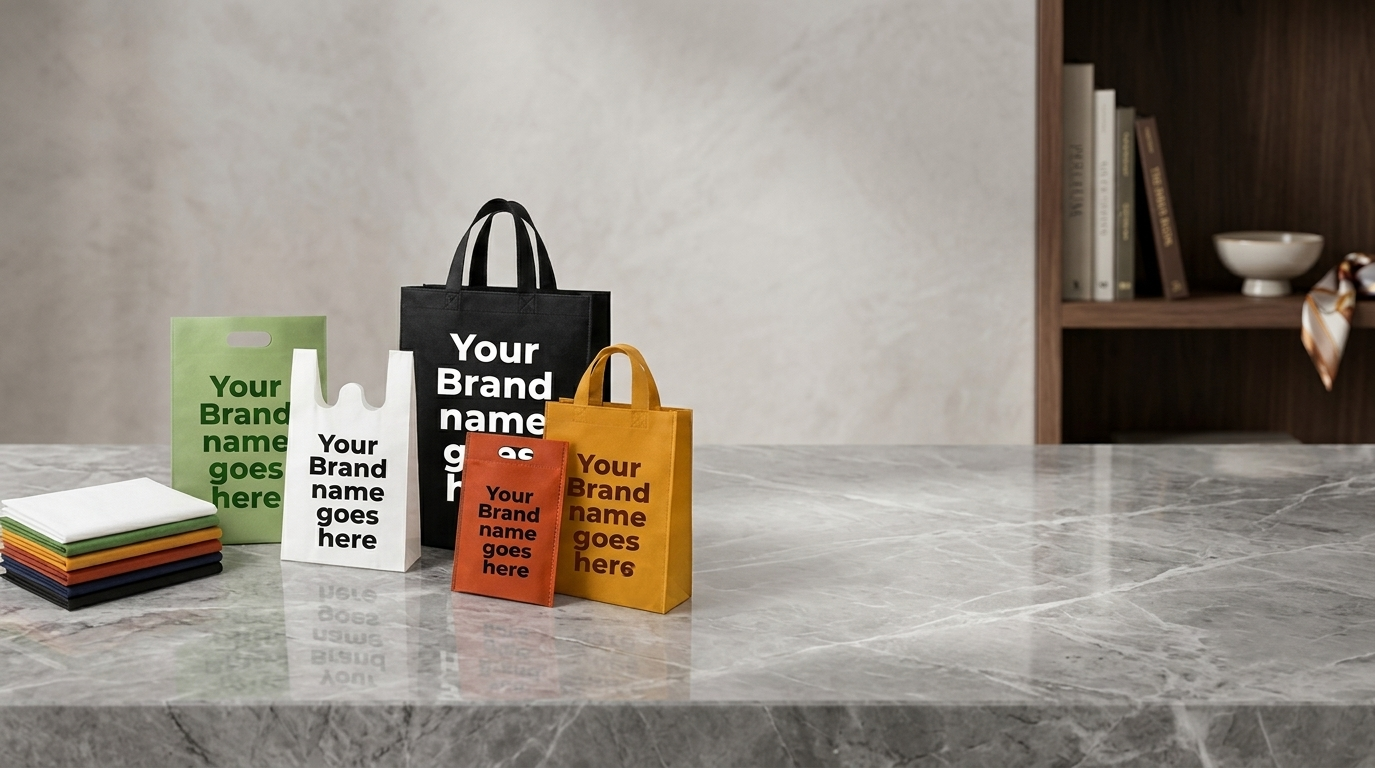 Custom printed non-woven carry bags with a printed logo held by a customer